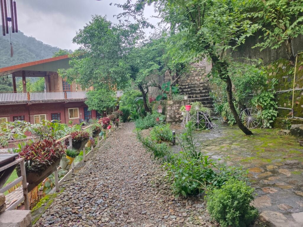 Gravel garden path leading to a cottage

